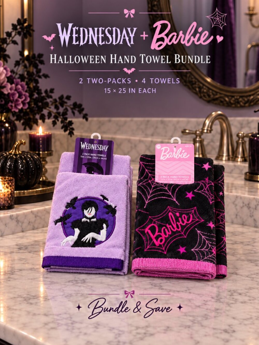 Wednesday Addams & Barbie Halloween Hand Towel Bundle 4 Towels 15x25